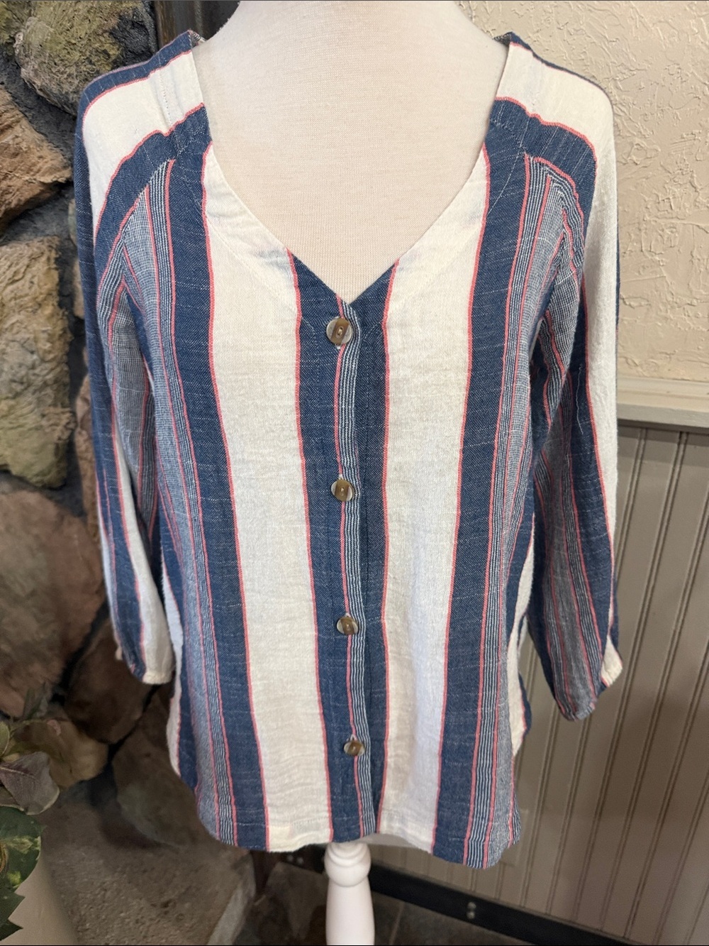 Anthropologie Navy, White & Pink Striped Button-Down Top